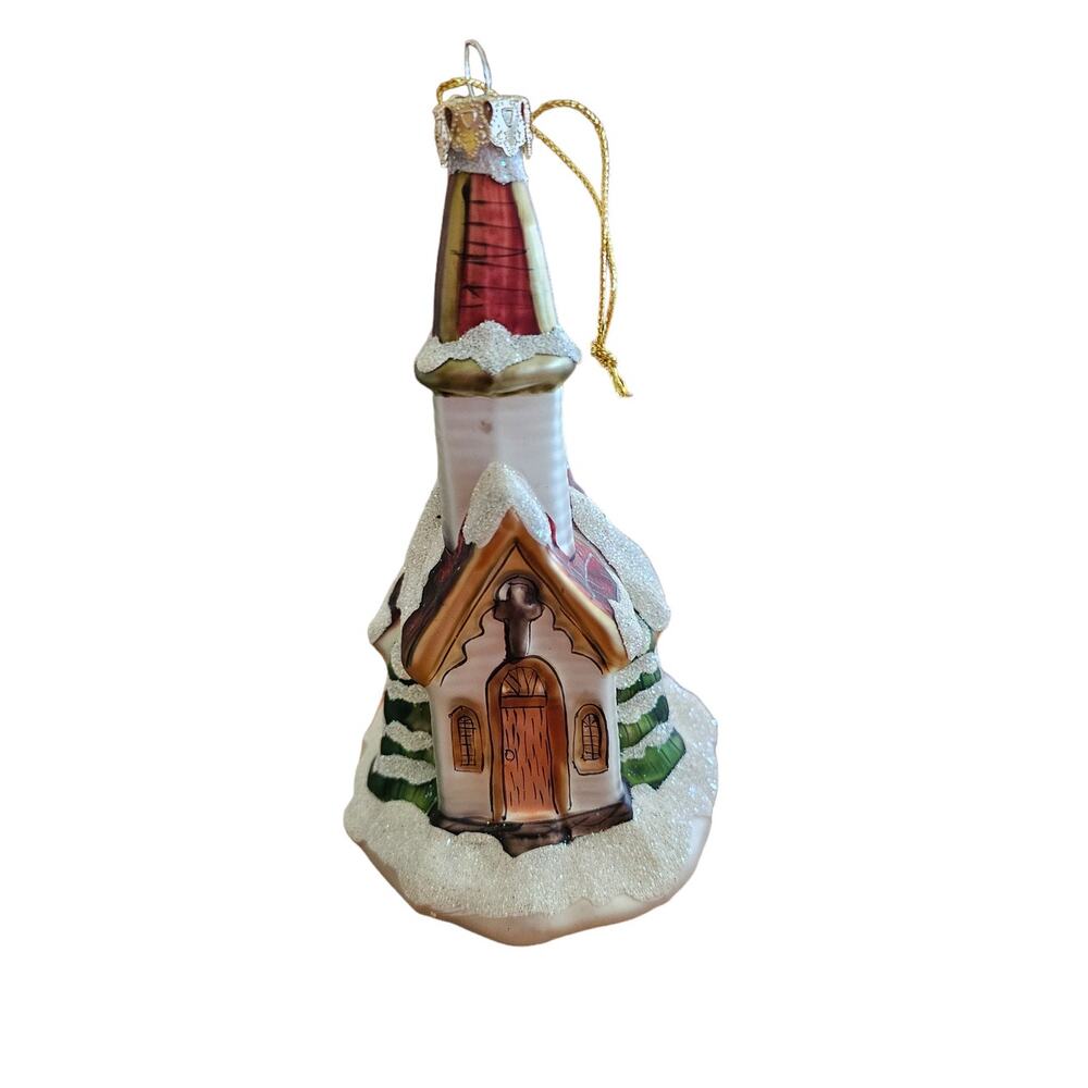 Glass Church With Steeple Glitter Christmas Ornament 6"